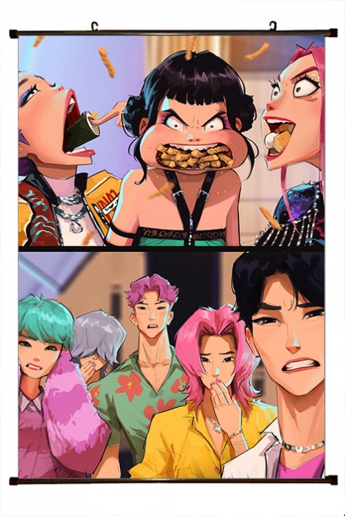 K-Pop Demon Hunters Anime black Plastic rod Cloth painting Wall Scroll 60X90CM 