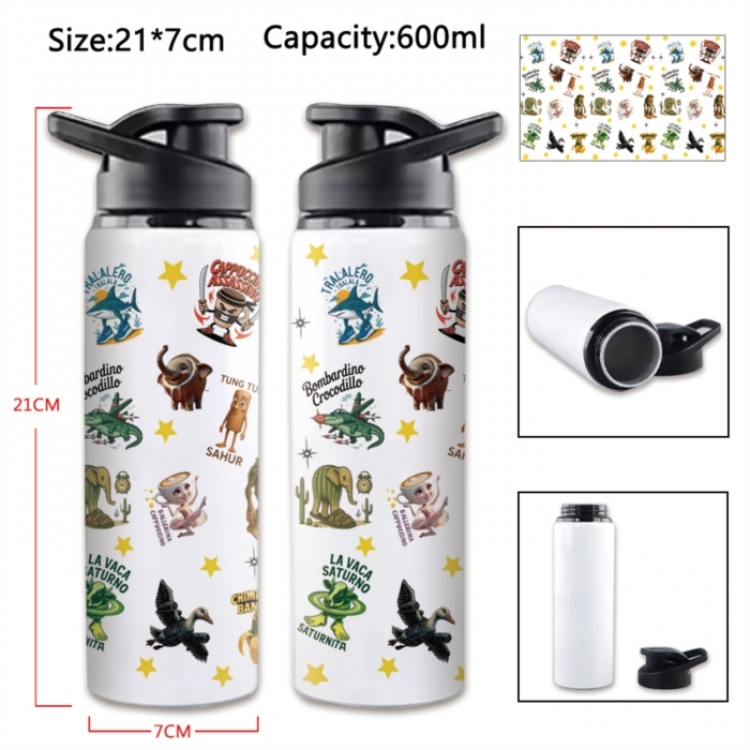 Italian-Brainrot Anime Printed Outdoor Sports Water Bottle 600ml 21x7cm