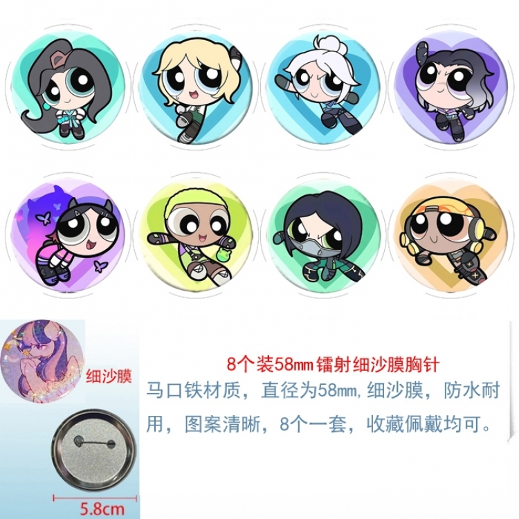 The Powerpuff Girls Anime Circular laser fine sand film brooch badge 58MM a set of 8