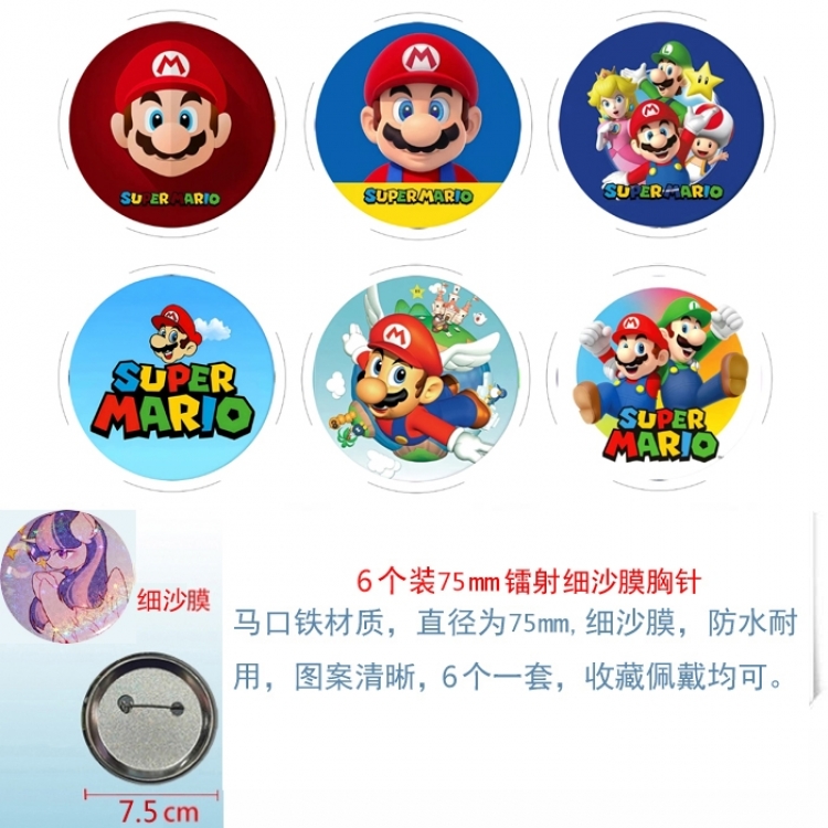 Super Mario Anime Fine sand film brooch badge 75MM a set of 6